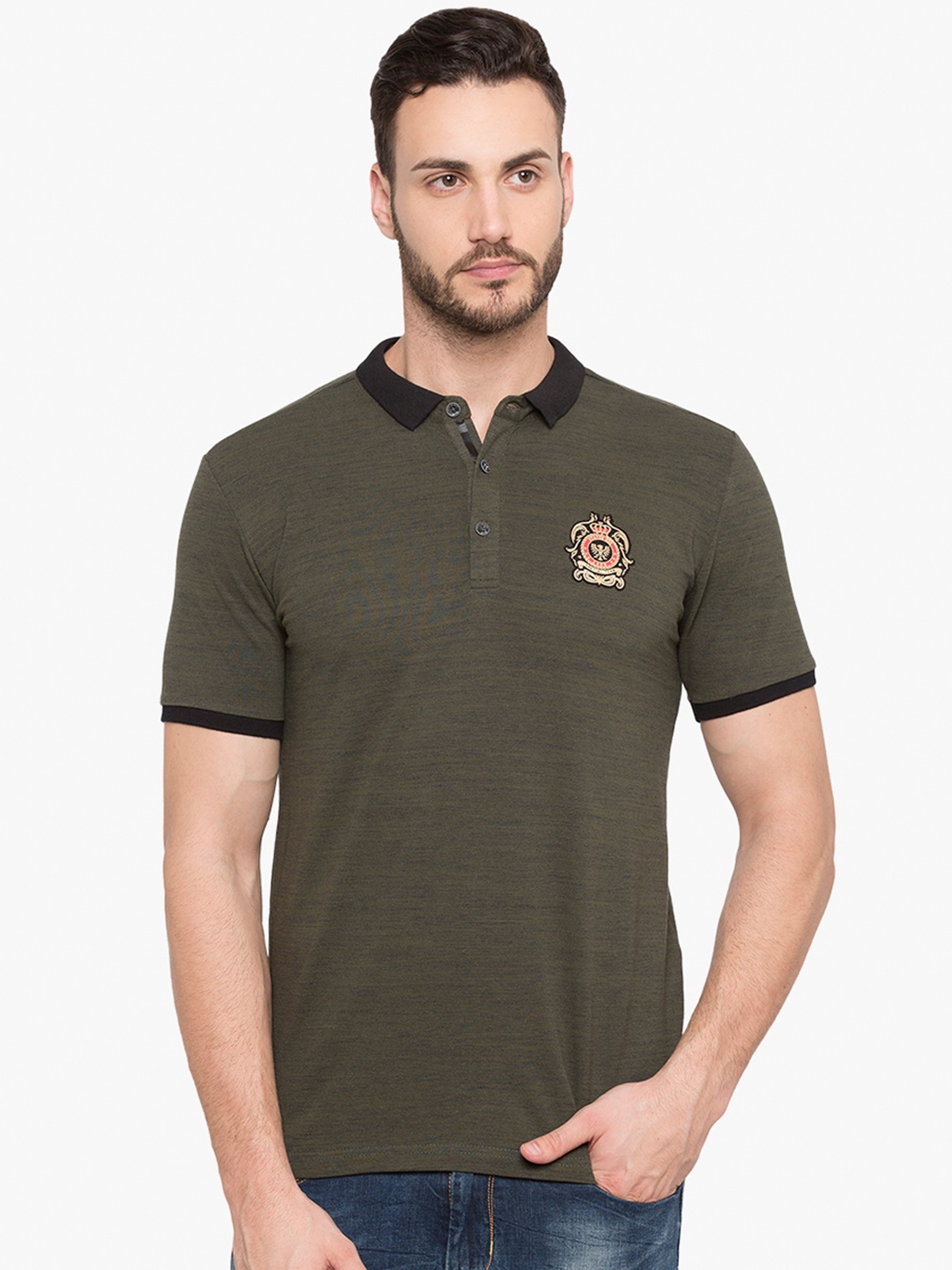 

Status Quo Men Olive Green Solid Slim Fit Polo Collar Pure Cotton T-shirt