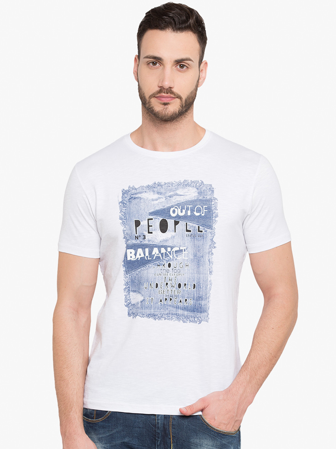

Status Quo Men White Printed Round Neck Pure Cotton T-shirt