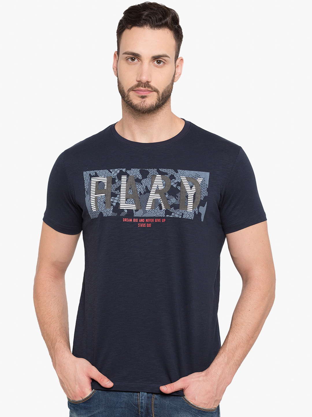 

Status Quo Men Navy Blue Printed Slim Fit Round Neck Pure Cotton T-shirt