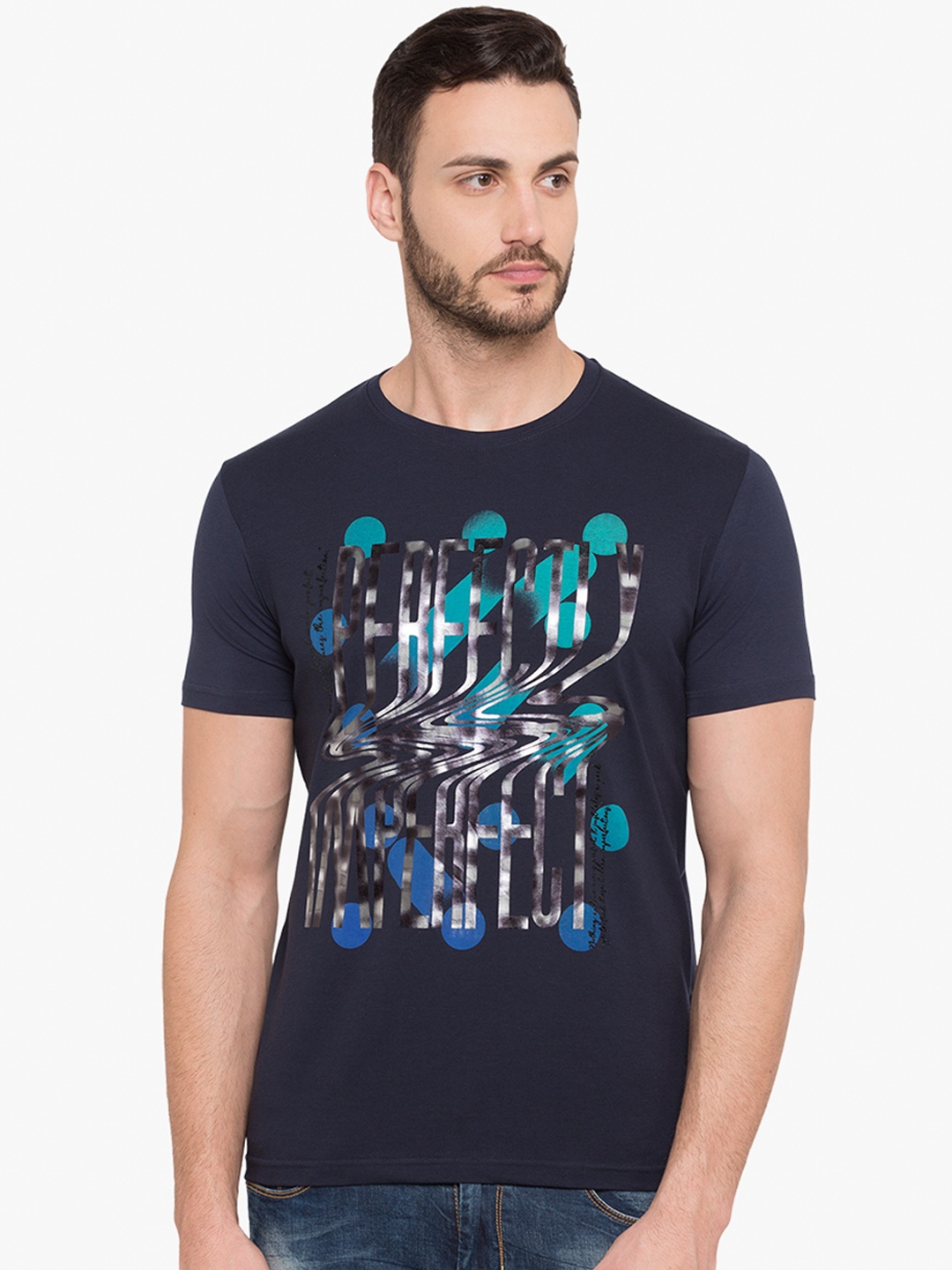 

Status Quo Men Navy Blue Printed Round Neck Pure Cotton T-shirt