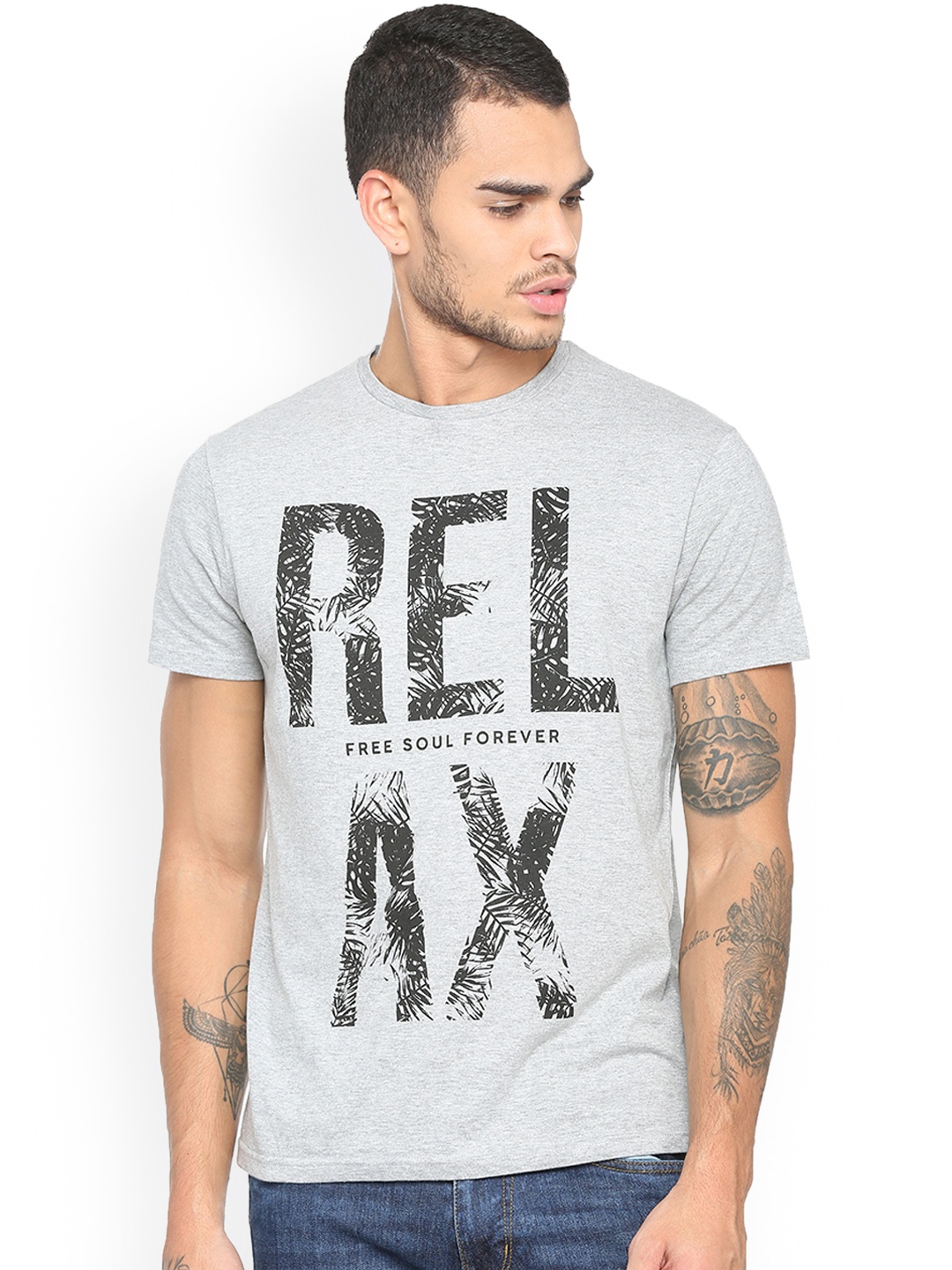 

People Men Grey Printed Round Neck T-shirt