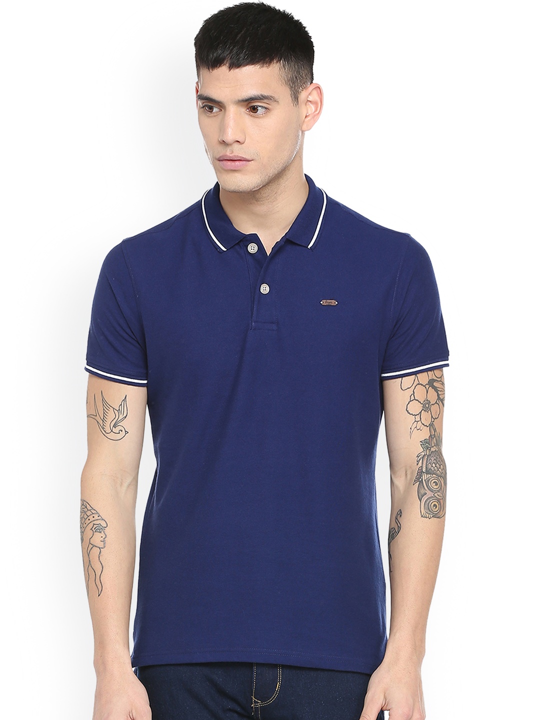 

People Men Blue Solid Polo Collar T-shirt