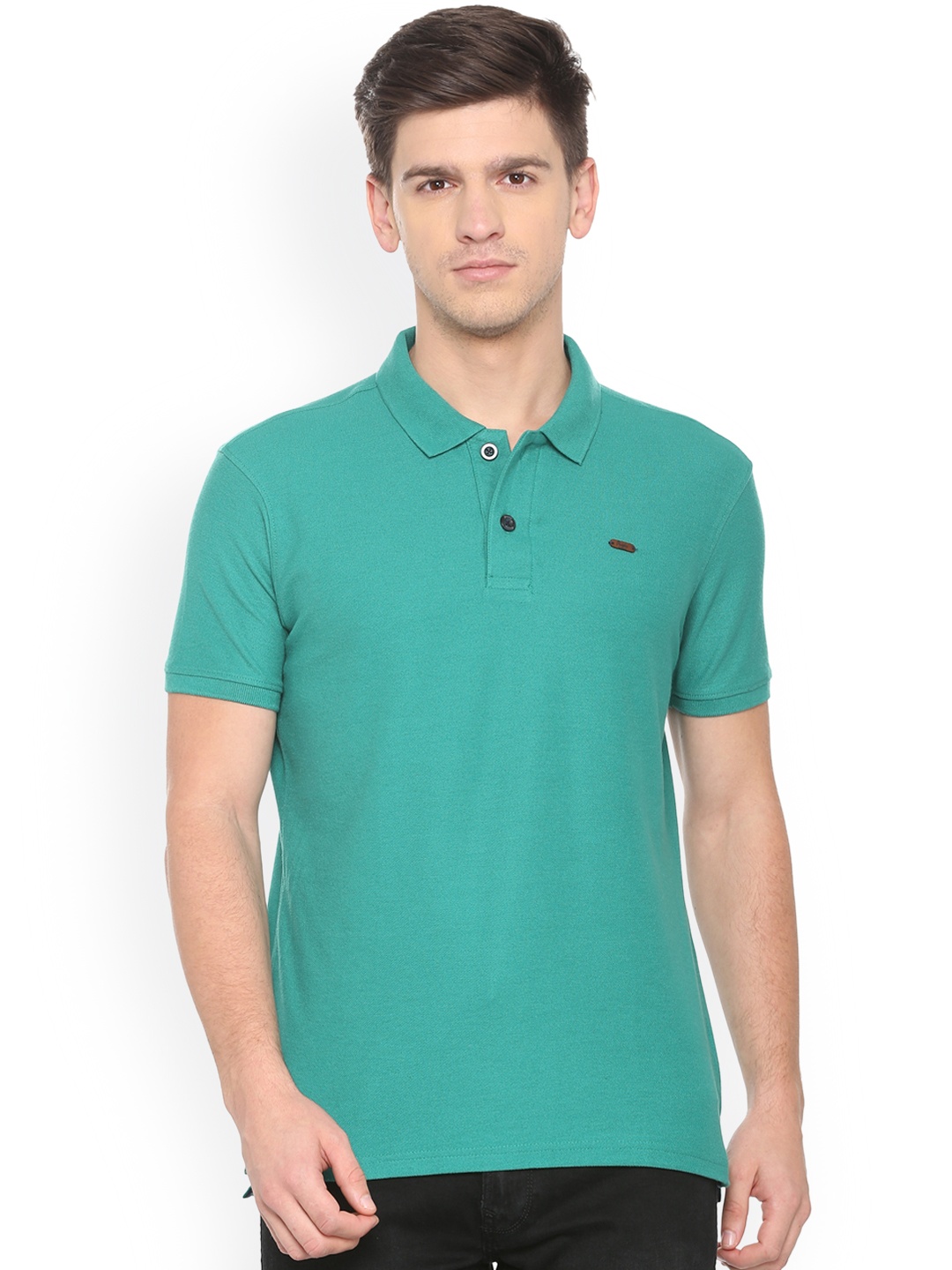 

People Men Green Solid Polo Collar T-shirt