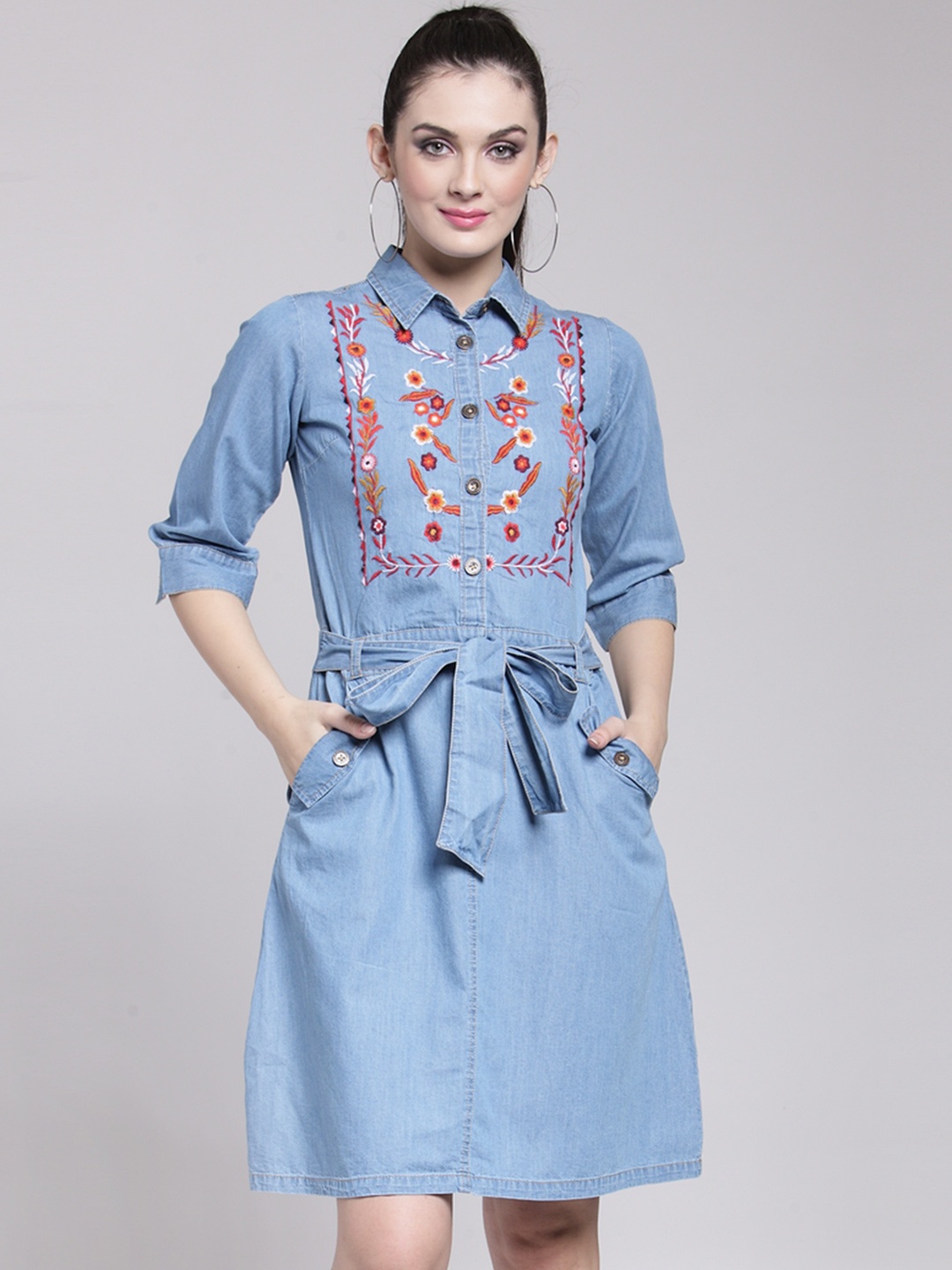 

plusS Women Blue Solid Denim Shirt Dress