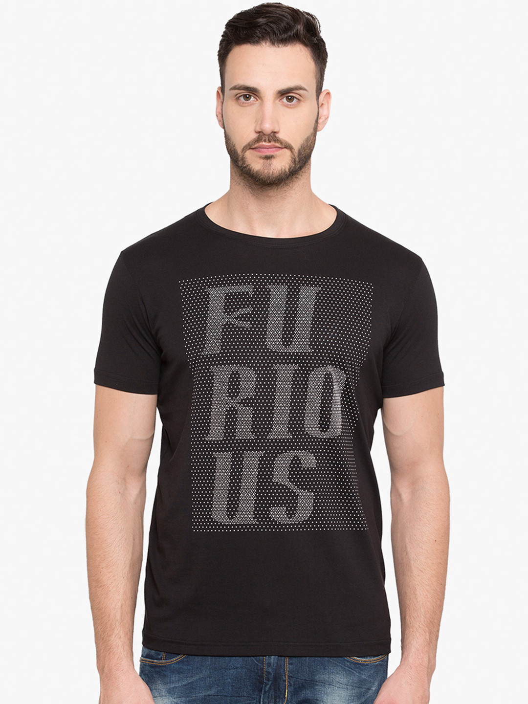 

Status Quo Men Black Printed Round Neck T-shirt