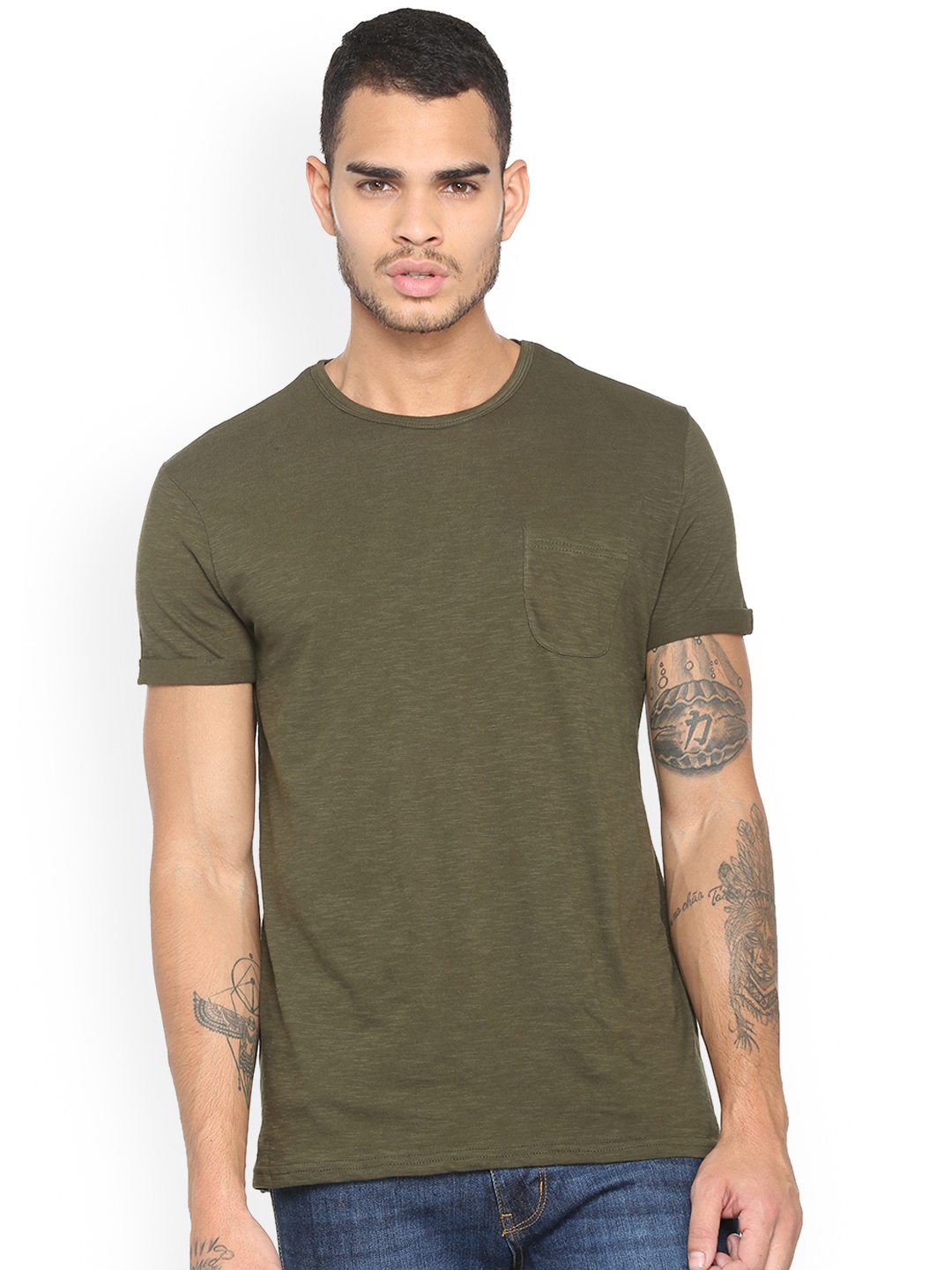 

People Men Olive Green Solid Round Neck T-shirt