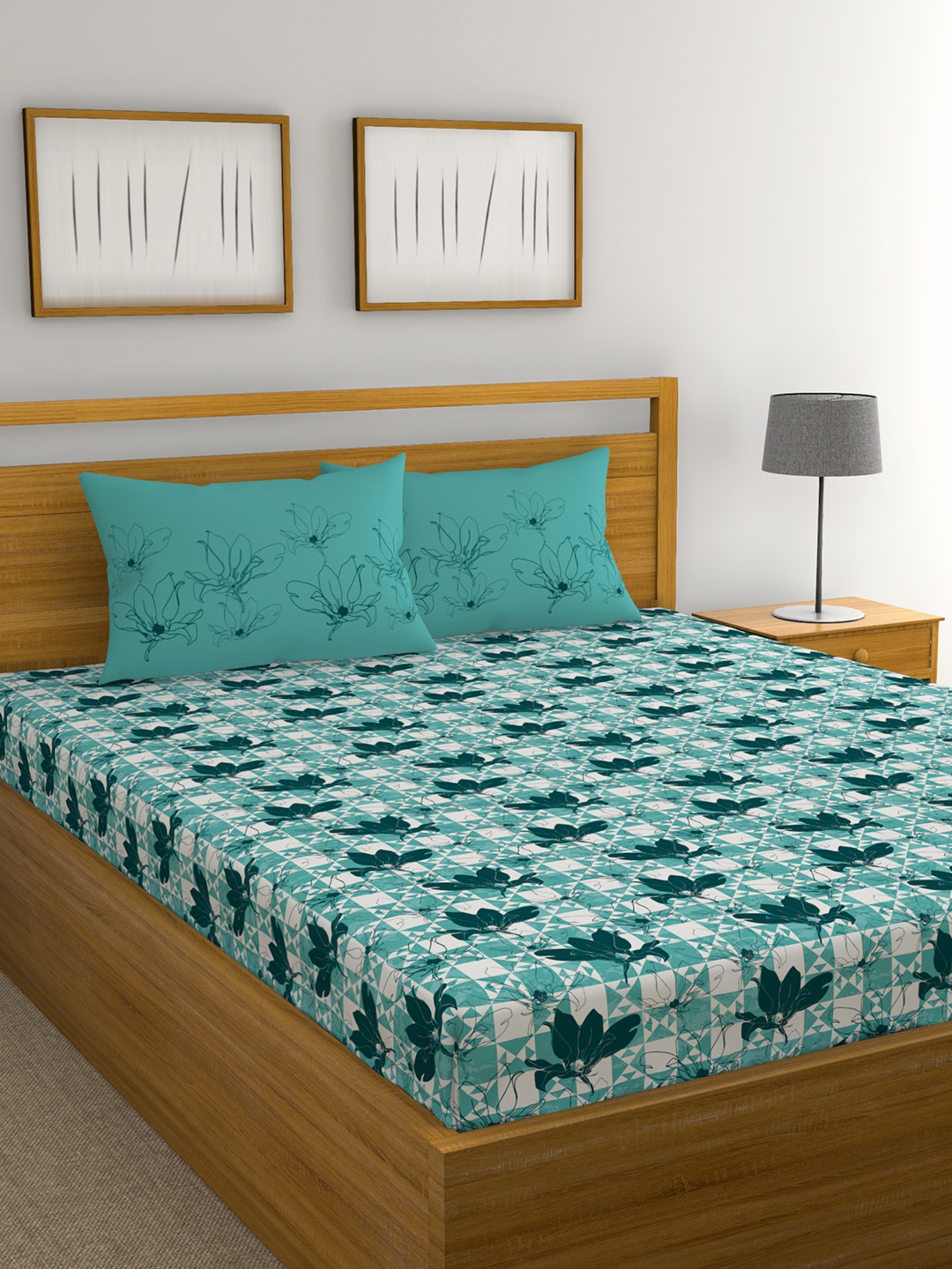 

MYTRIDENT Sea Green Floral Flat 120 TC Cotton 1 Queen Bedsheet with 2 Pillow Covers