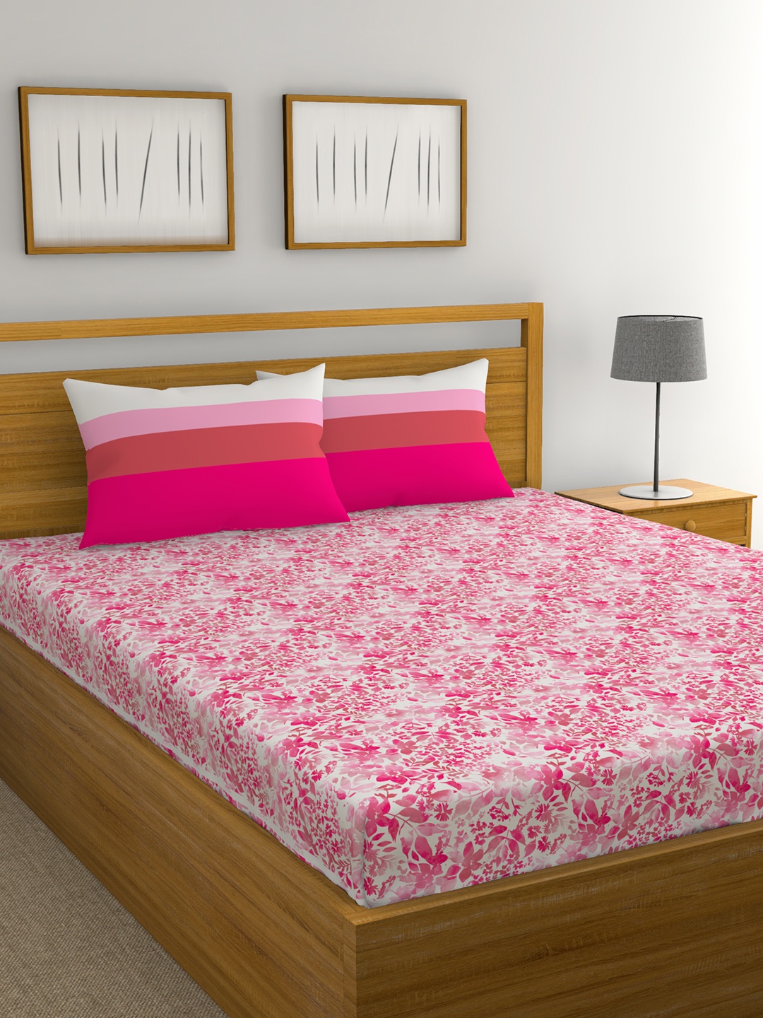 

Trident Pink Floral Flat 120 TC Cotton 1 Queen Bedsheet with 2 Pillow Covers