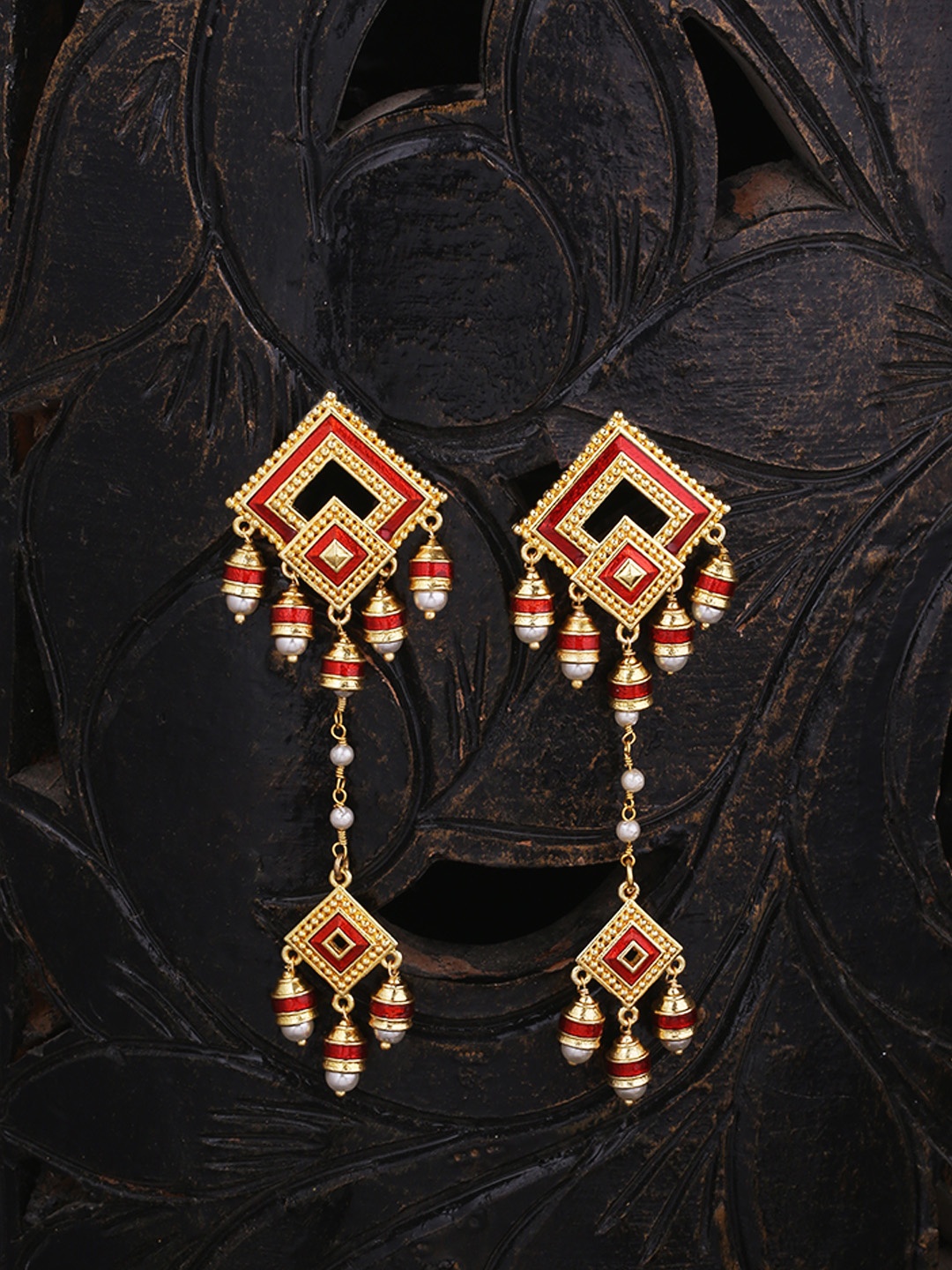 

Voylla Gold-Toned & Red Square Drop Earrings