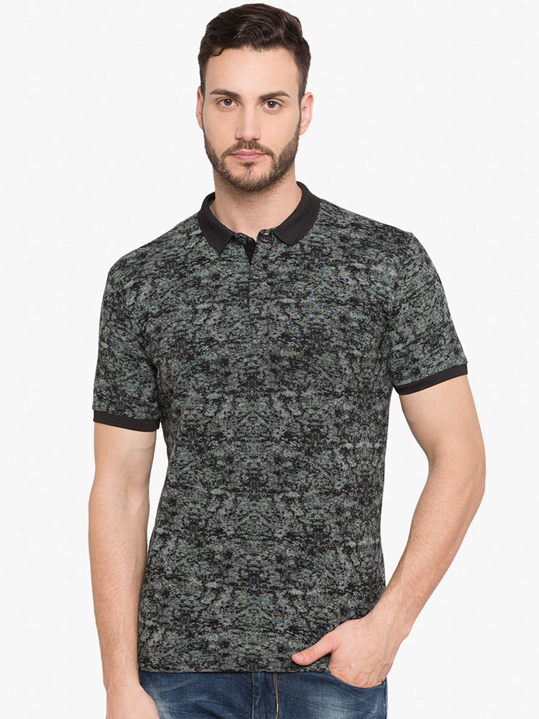 

Status Quo Men Grey Printed Slim Fit Polo Collar Pure Cotton T-shirt