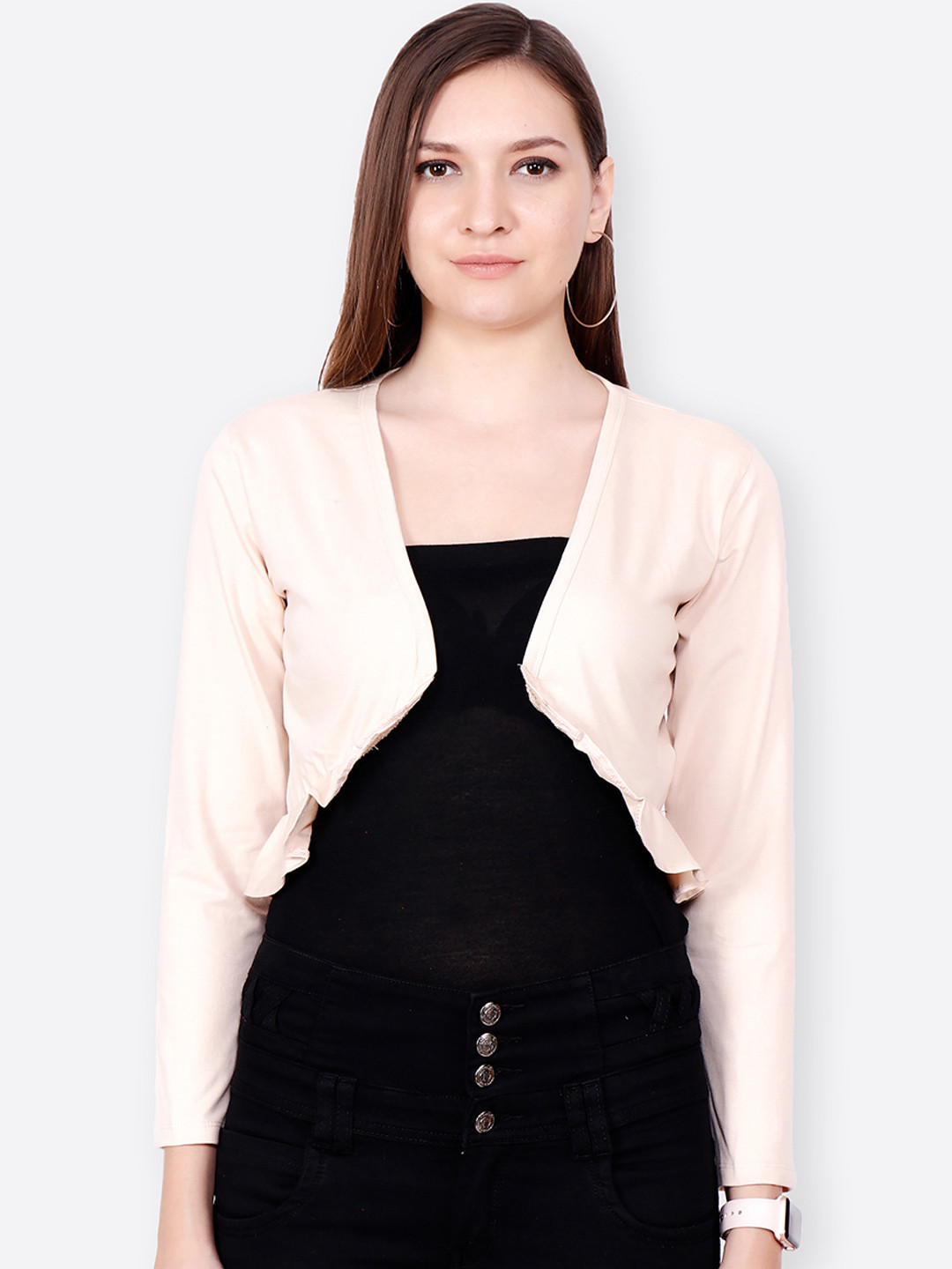 

SCORPIUS Cream-Coloured Solid Open Front Shrug