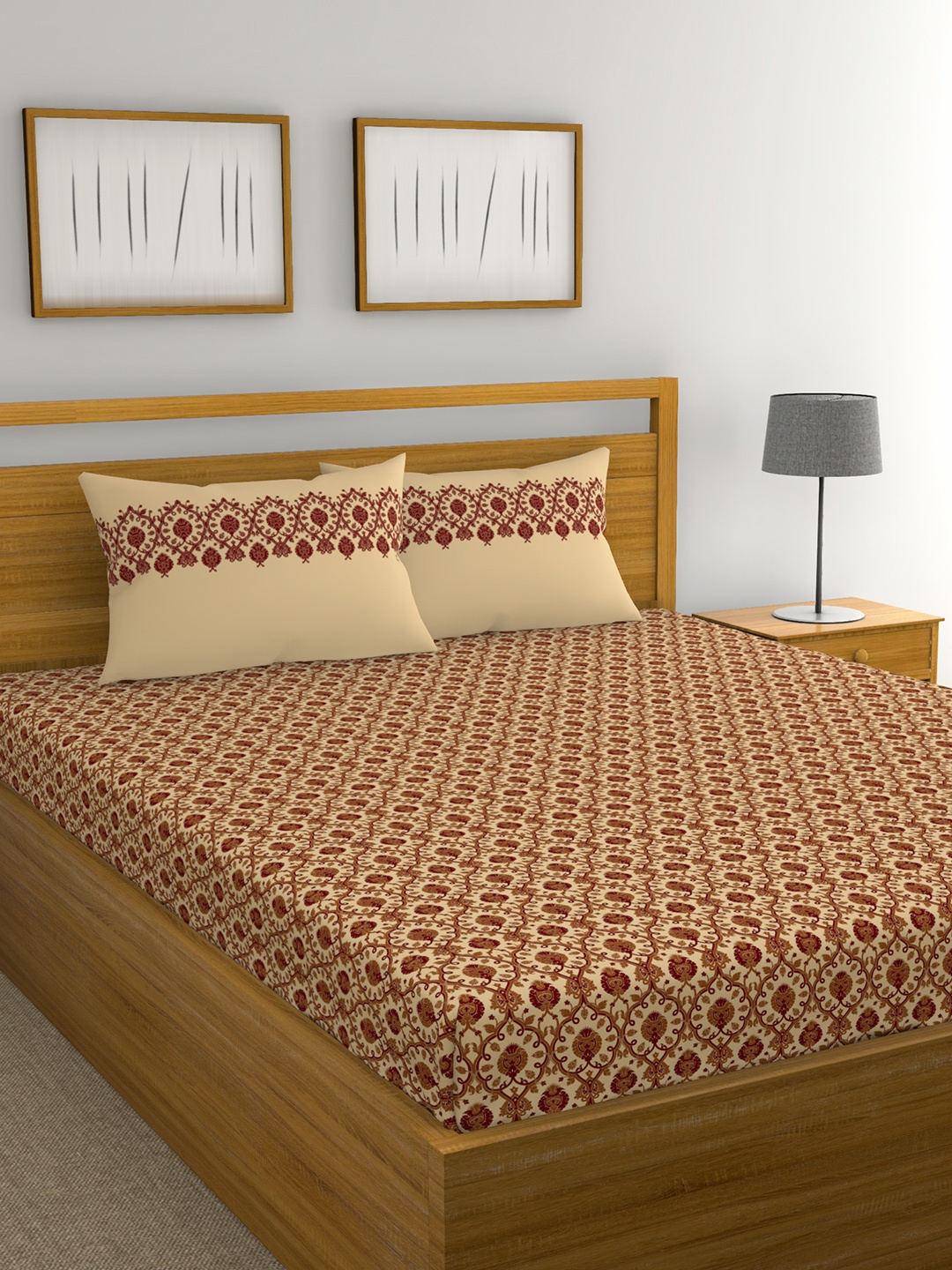 

Trident Mustard Yellow & Red Ethnic Motifs Flat 120 TC Queen Bedsheet with 2 Pillow Covers