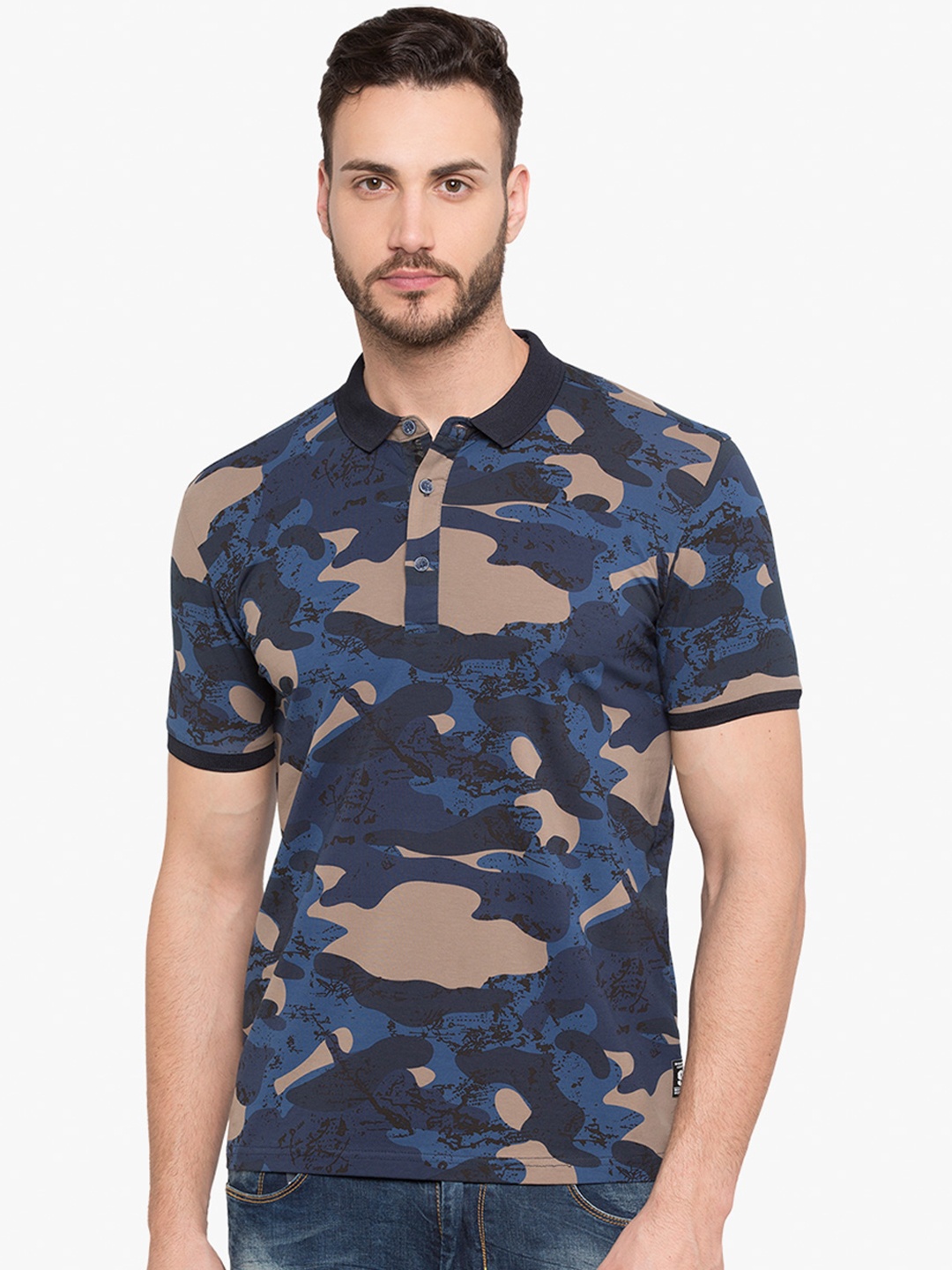 

Status Quo Men Blue Printed Polo Collar Slim Fit Pure Cotton T-shirt