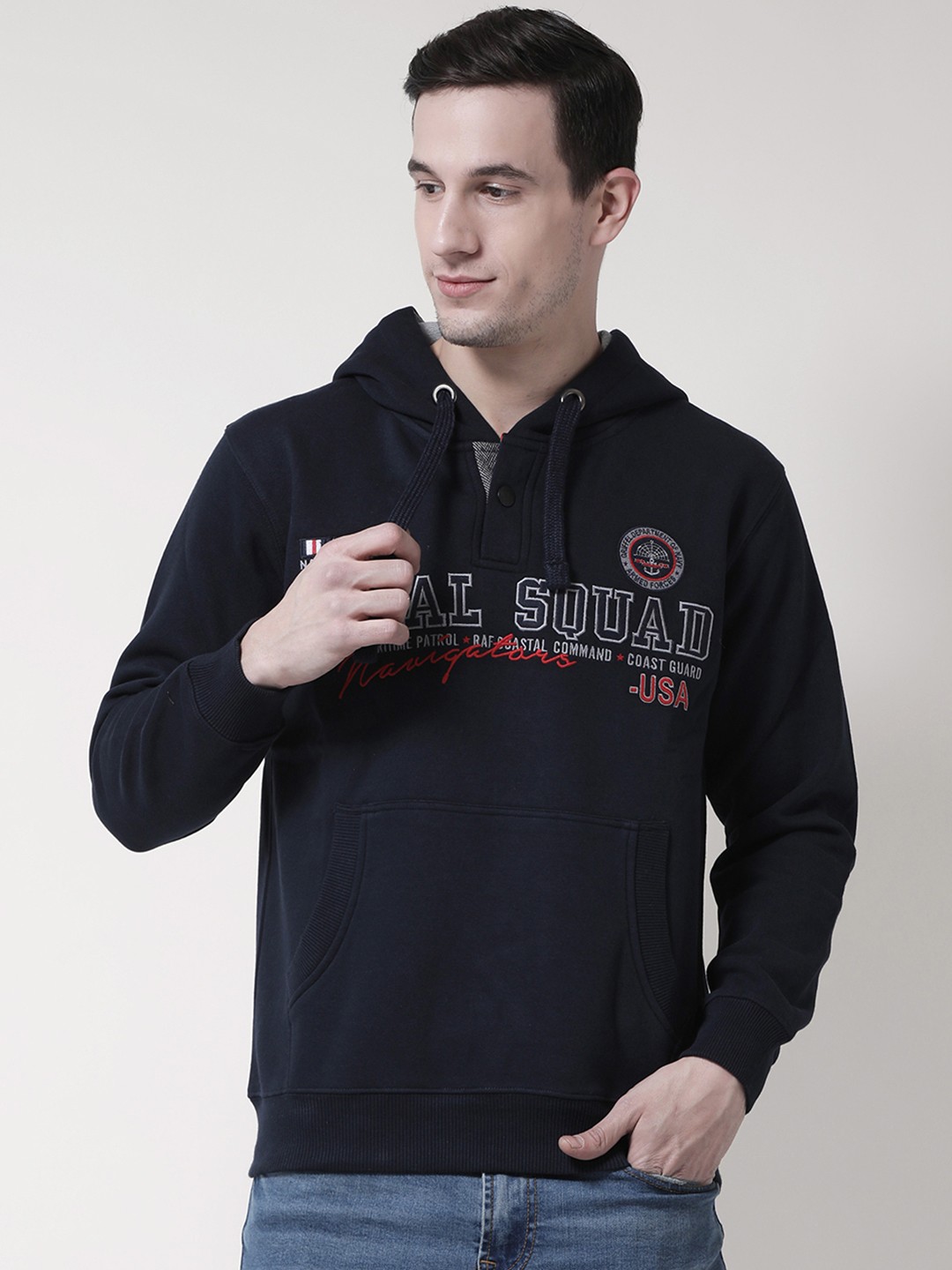 

GRIFFEL Men Navy Blue Self Design Hooded Sweatshirt