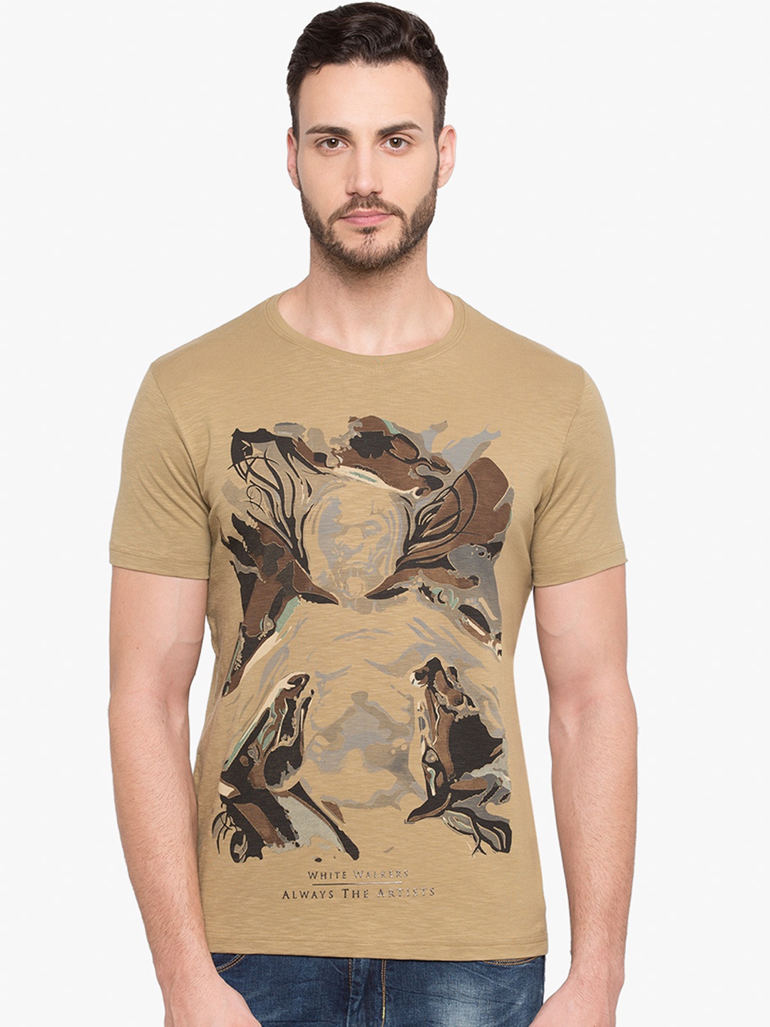 

Status Quo Men Beige Printed Round Neck Pure Cotton T-shirt