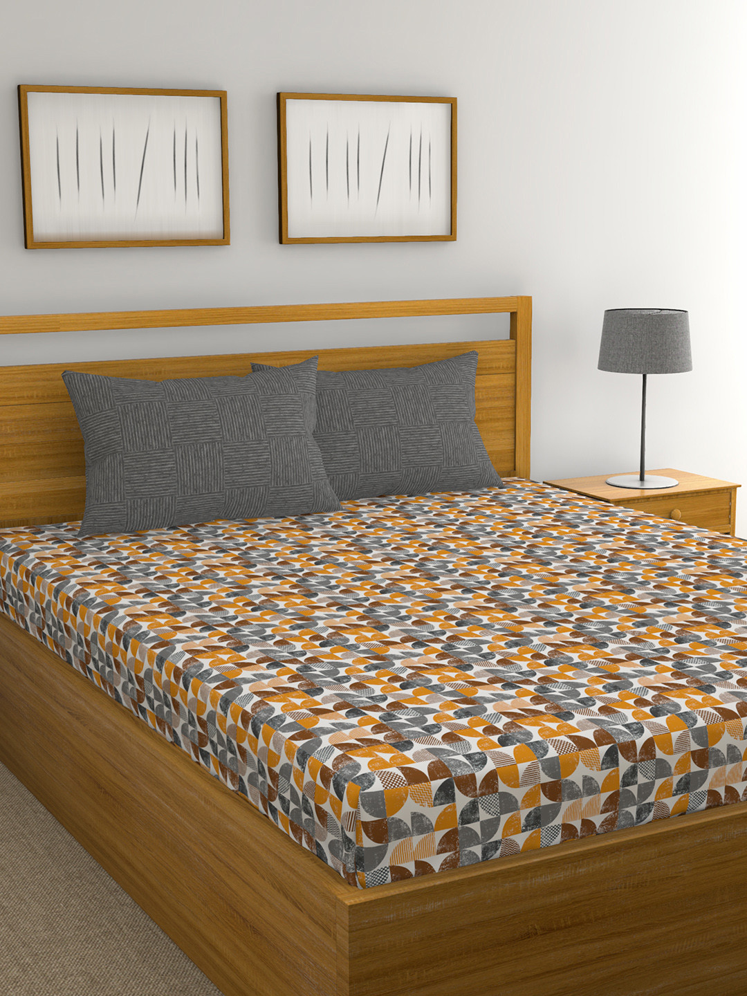 

MYTRIDENT Grey Mustard Yellow Flat 120 TC Cotton 1 Queen Bedsheet with 2 Pillow Covers