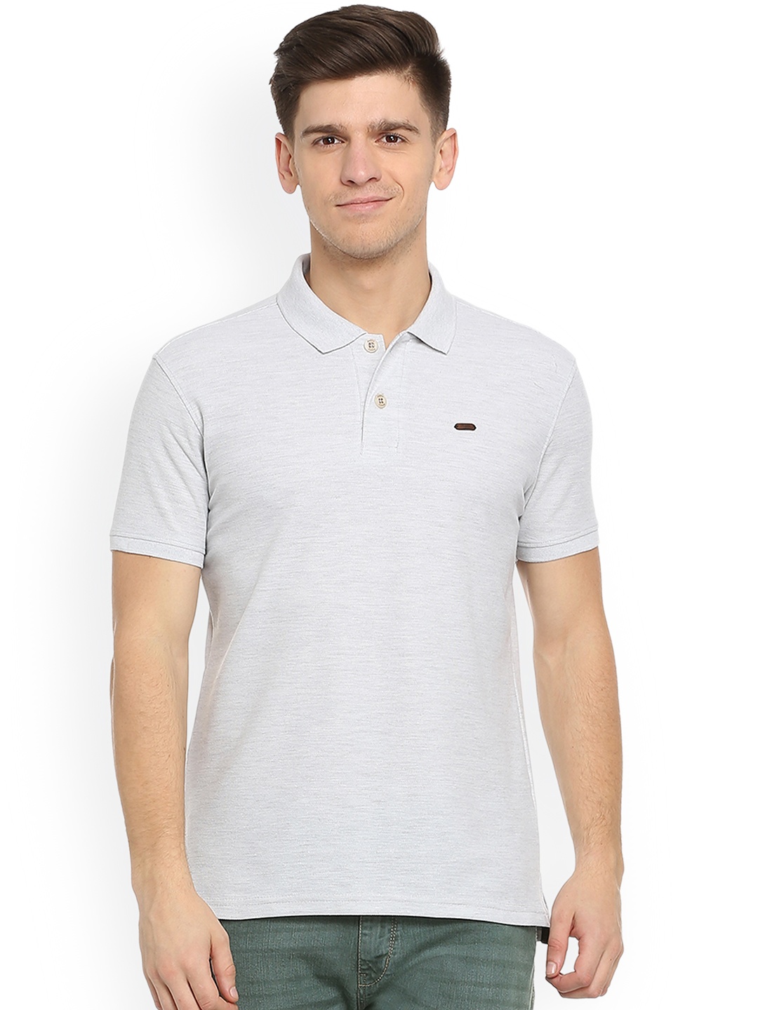 

People Men Grey Solid Polo Collar T-shirt