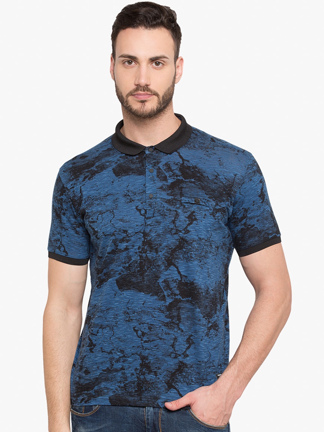 

Status Quo Men Blue Printed Polo Collar Slim Fit Pure Cotton T-shirt