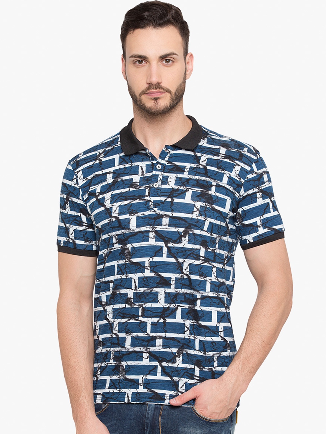 

Status Quo Men Blue Printed Polo Collar Slim Fit Pure Cotton T-shirt