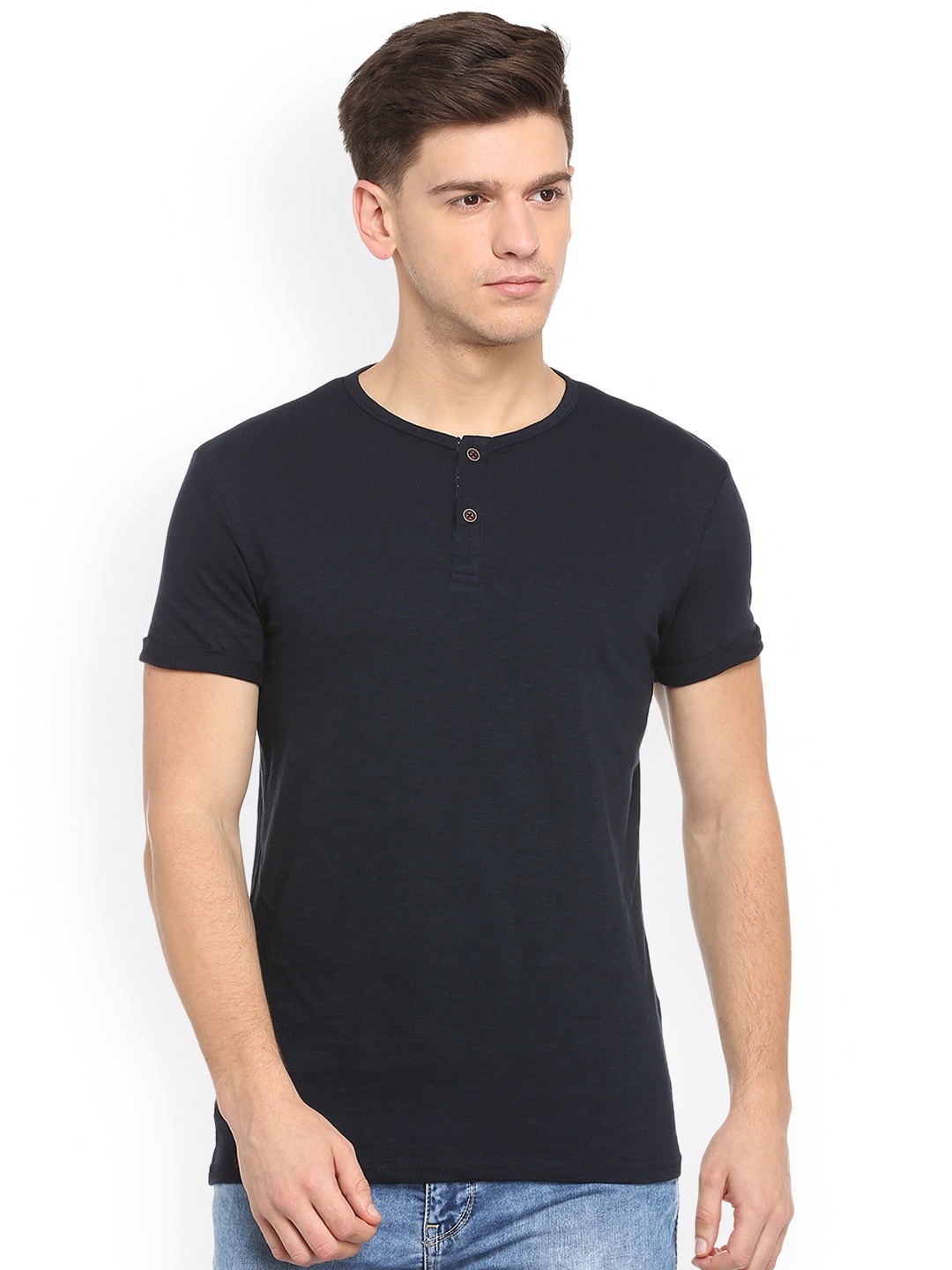 

People Men Navy Blue Solid Henley Neck Pure Cotton T-shirt