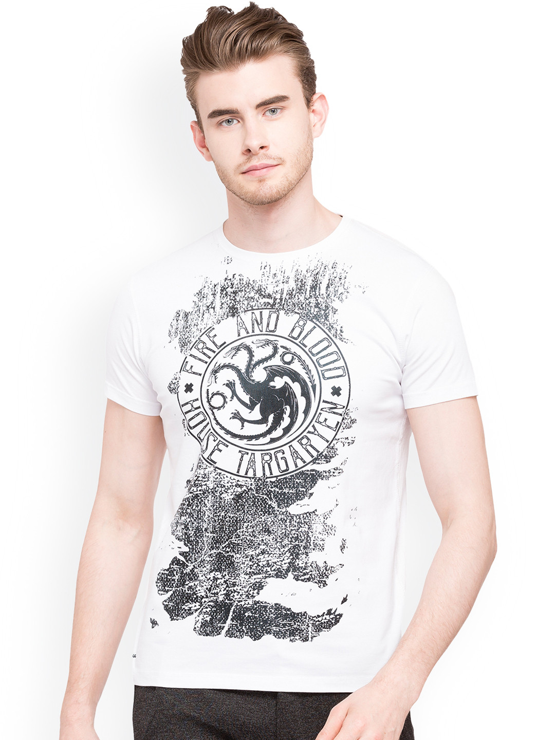 

Status Quo Men White Printed Round Neck Pure Cotton T-shirt