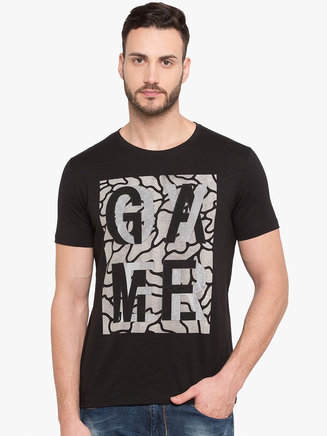 

Status Quo Men Black Printed Round Neck Slim Fit Pure Cotton T-shirt