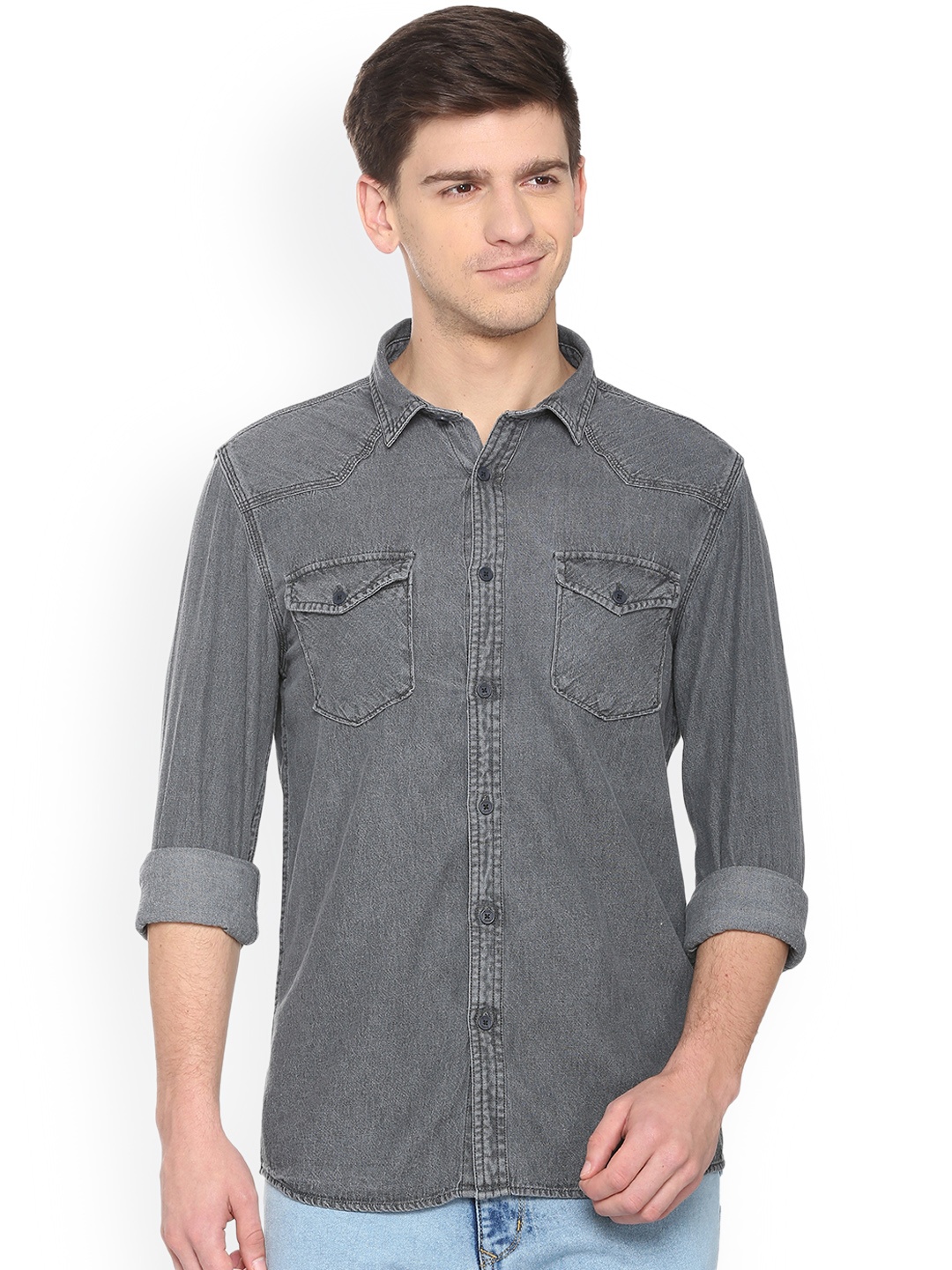 

People Men Grey Regular Fit Faded Casual Shirt