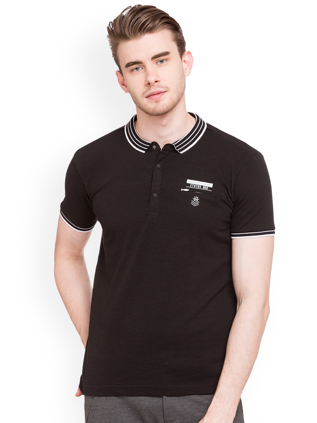 

Status Quo Men Black Solid Polo Collar Pure Cotton T-shirt