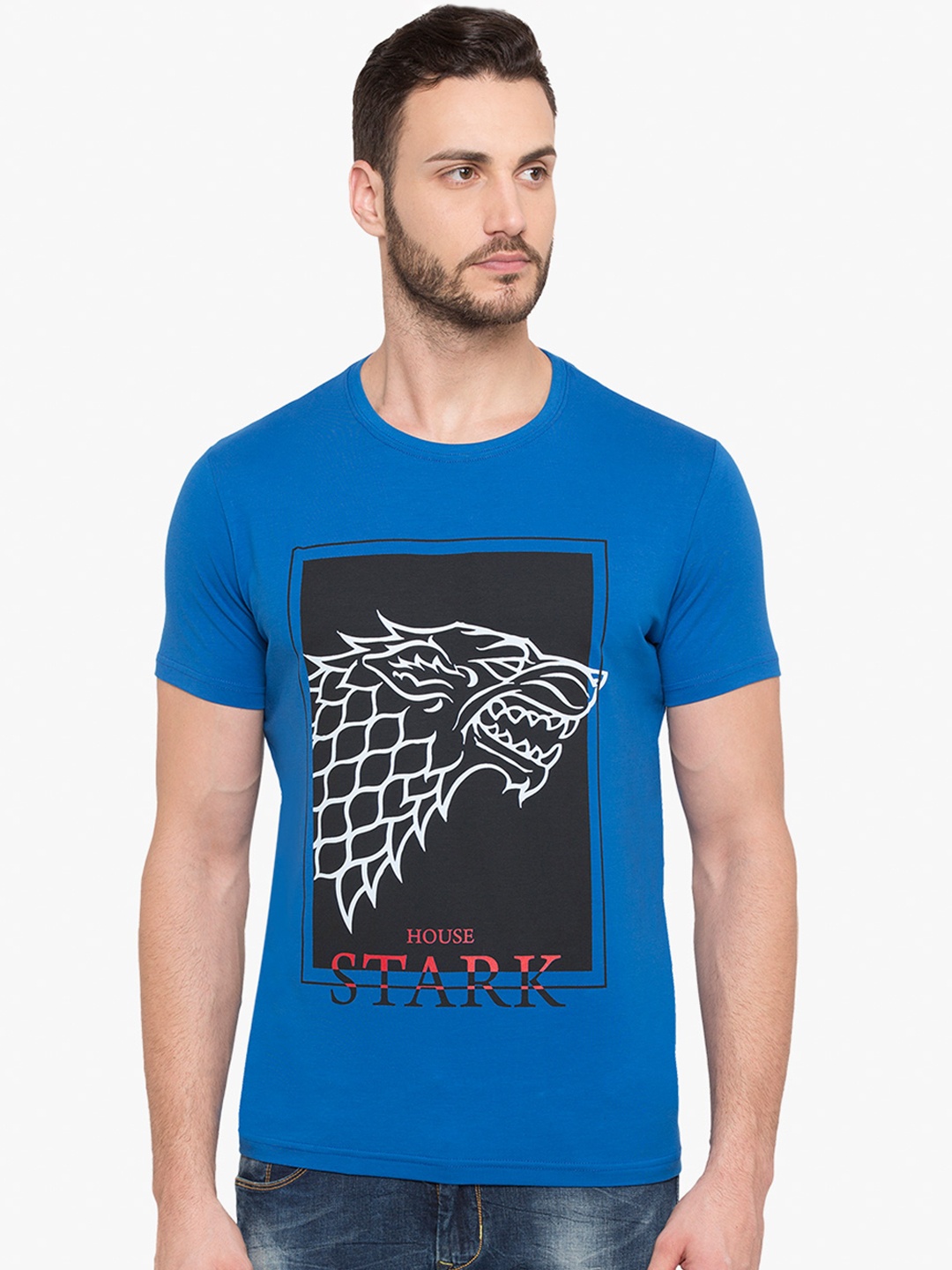 

Status Quo Men Blue Printed Round Neck Pure Cotton T-shirt