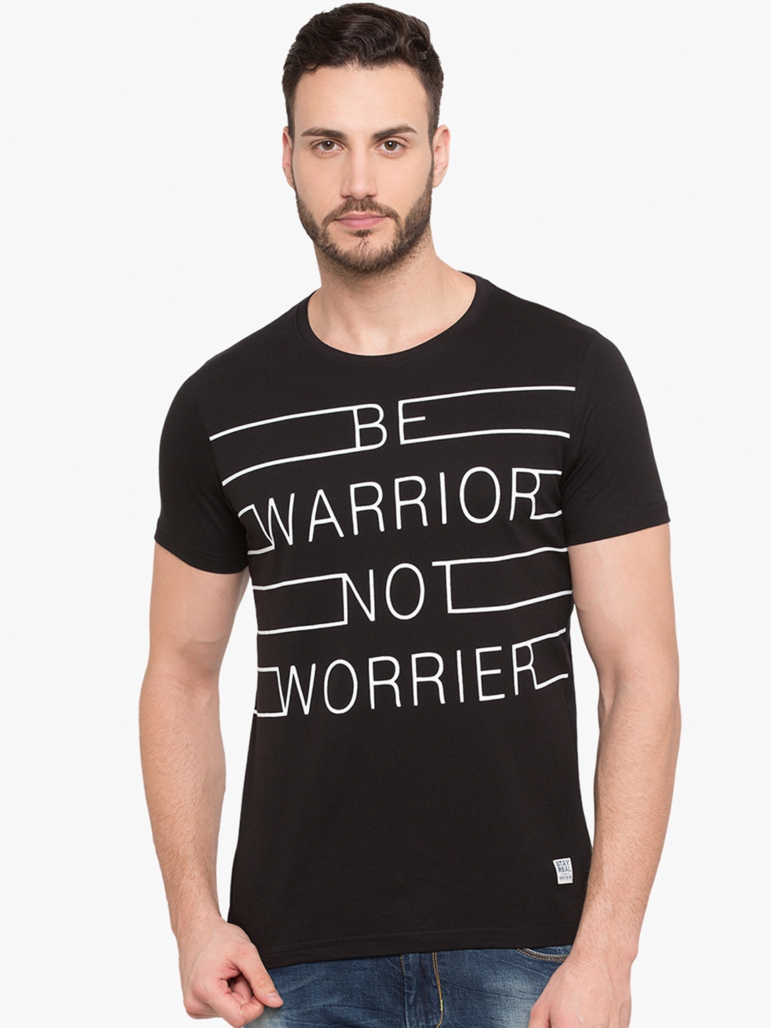 

Status Quo Men Black Printed Round Neck Slim Fit Pure Cotton T-shirt