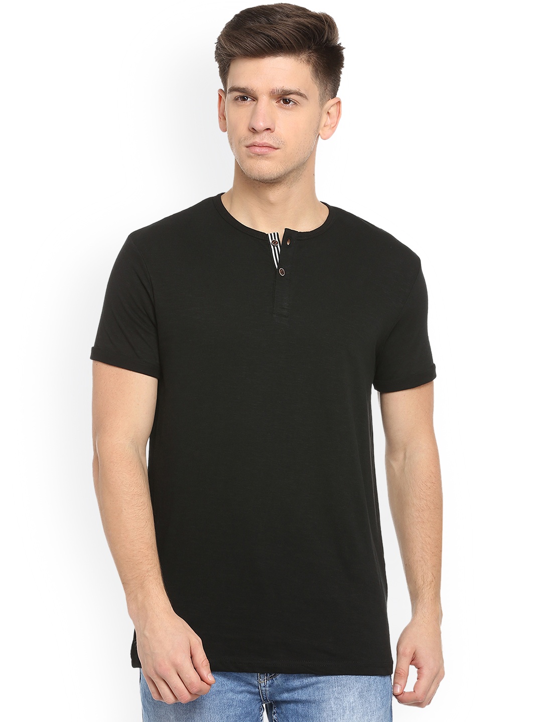 

People Men Black Solid Henley Neck T-shirt