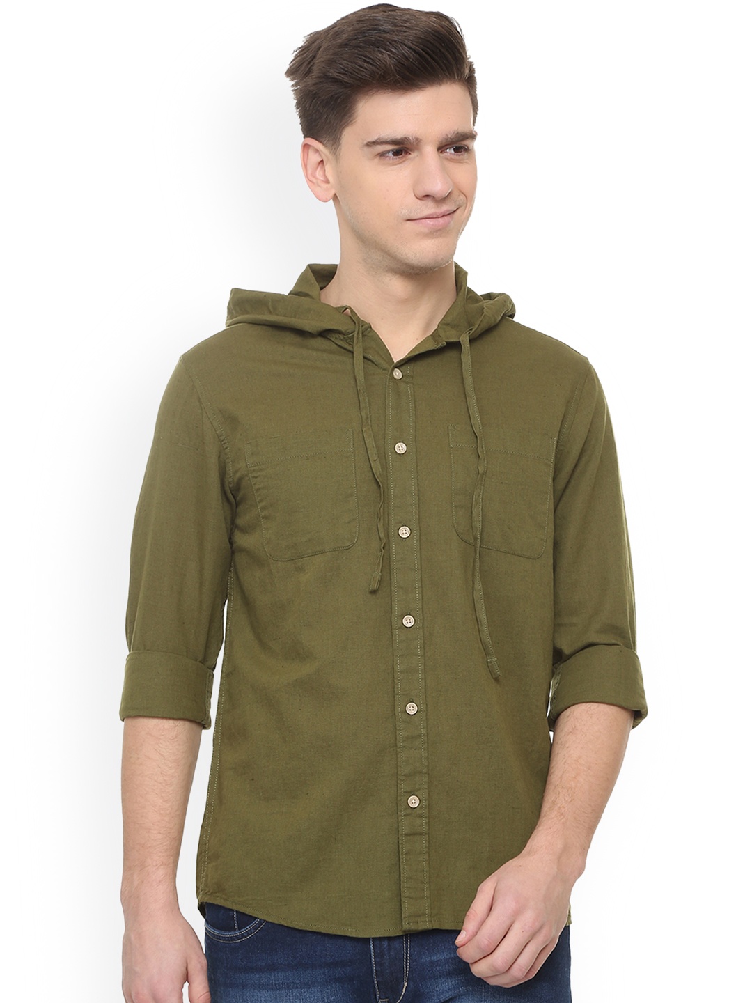 

People Men Olive Green Regular Fit Solid Casual Shirt