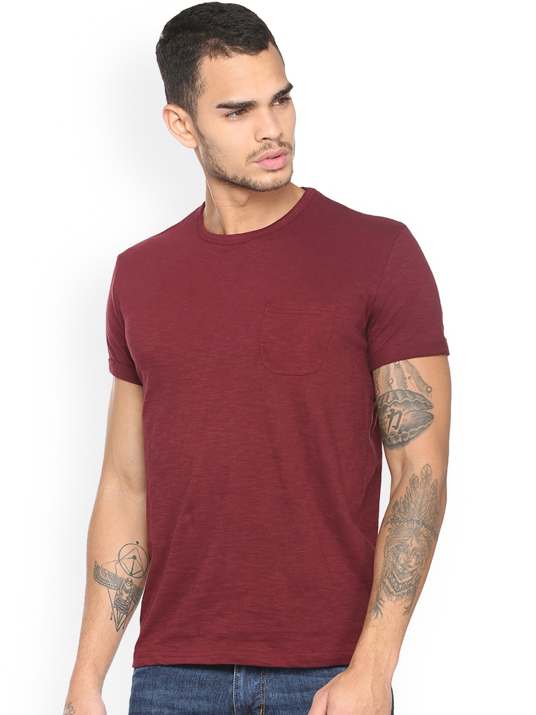 

People Men Maroon Solid Round Neck Pure Cotton T-shirt