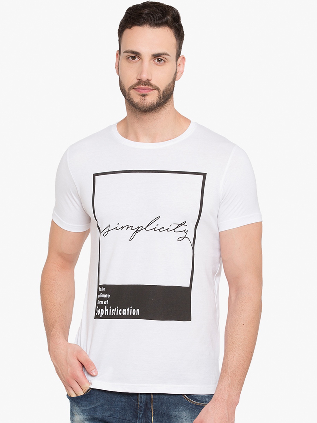 

Status Quo Men White Printed Round Neck Pure Cotton T-shirt