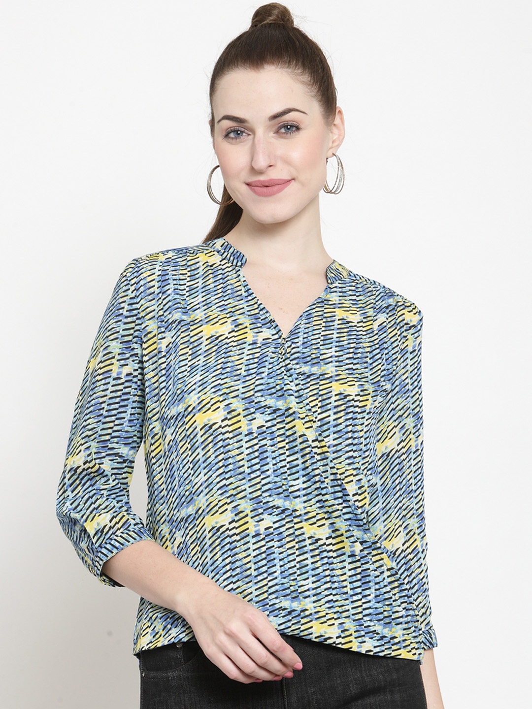 

Latin Quarters Women Blue & Yellow Printed Wrap Top