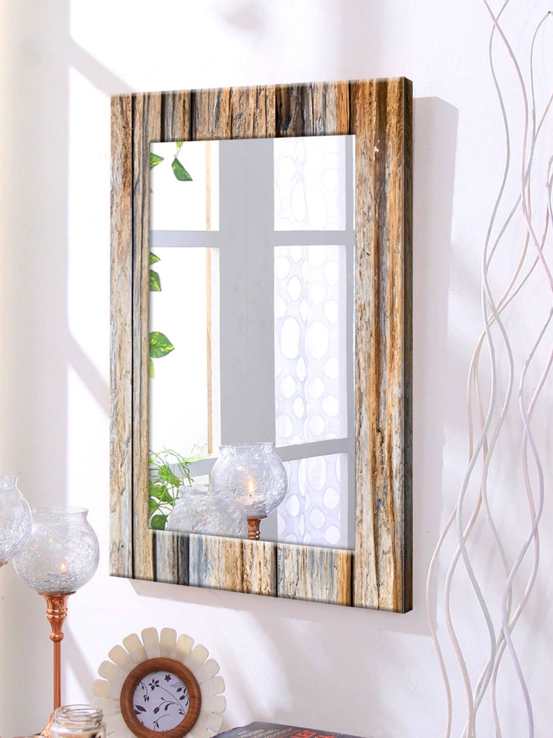 

999Store Brown Printed Framed Wall Mirror