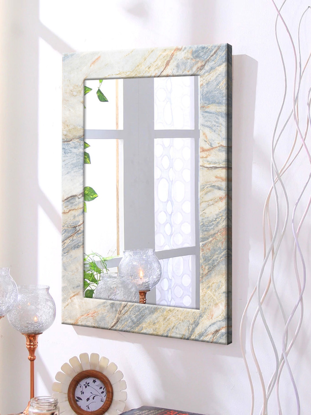 

999Store White Printed Framed Wall Mirror