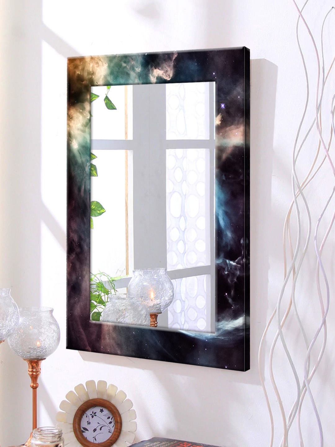 

999Store Blue Printed Framed Wall Mirror