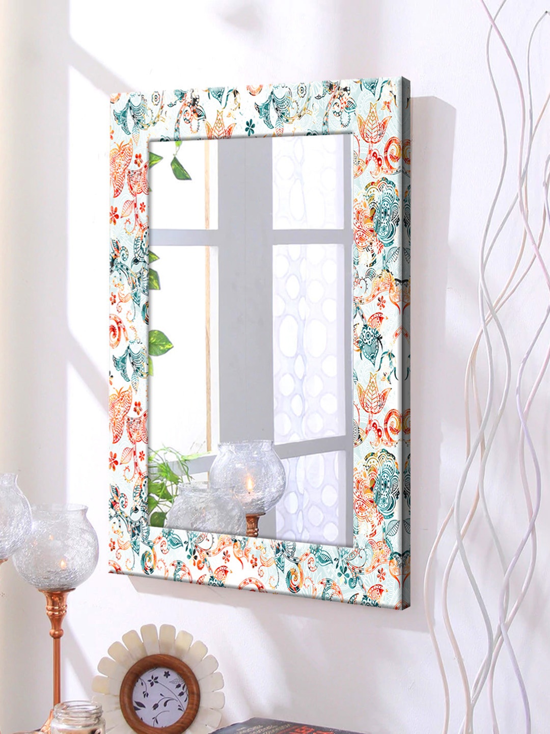 

999Store White & Orange Framed Wall Mirror