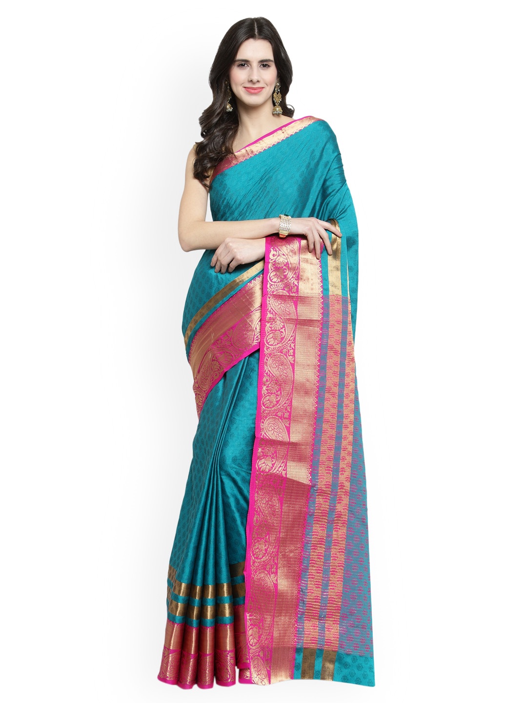 

Sugathari Teal & Pink Poly Silk Woven Design Mysore Silk Saree