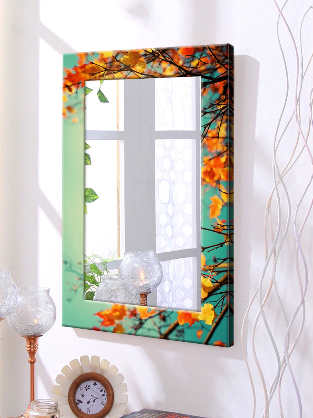 

999Store Yellow & Blue Printed Framed Wall Mirror