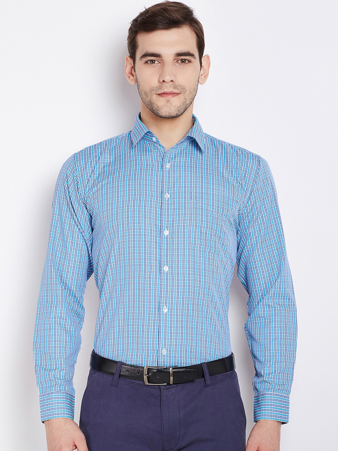 

English Navy Men Blue & White Slim Fit Checked Formal Shirt