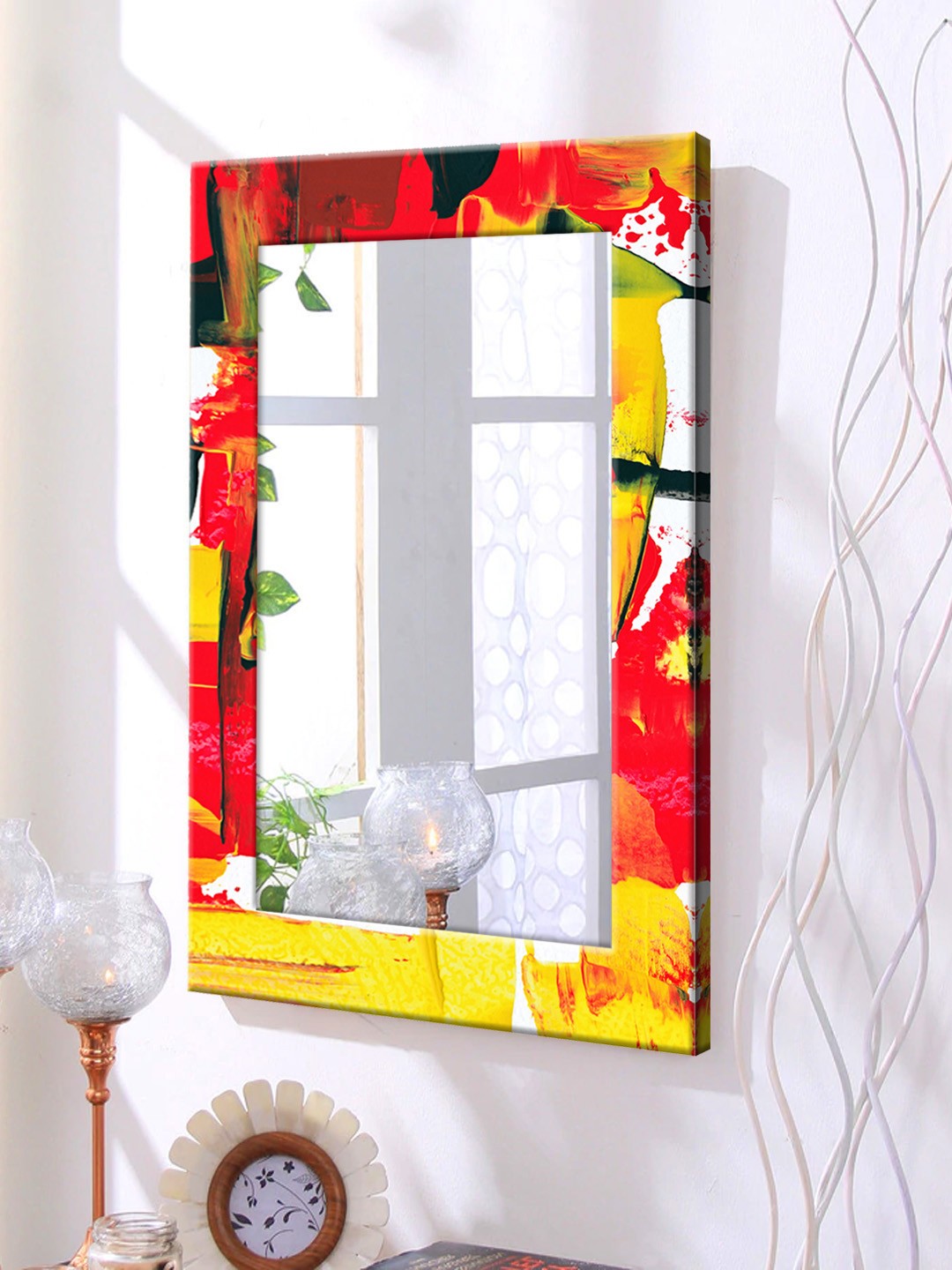 

999Store Red & Yellow Printed Framed Wall Mirror