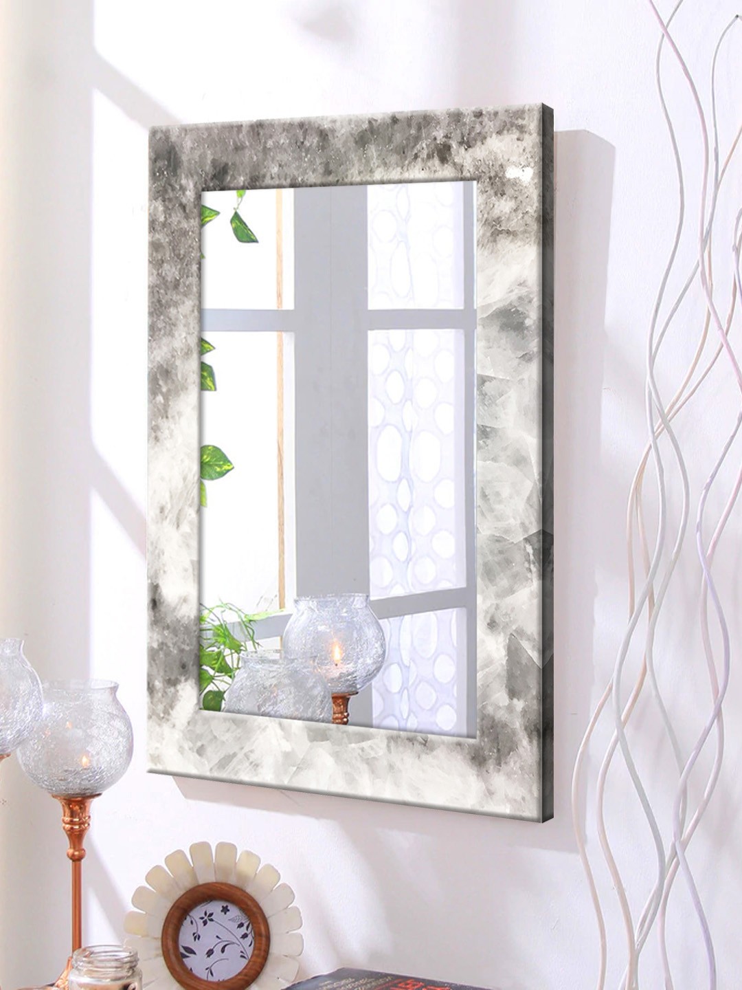 

999Store White Printed Framed Wall Mirror