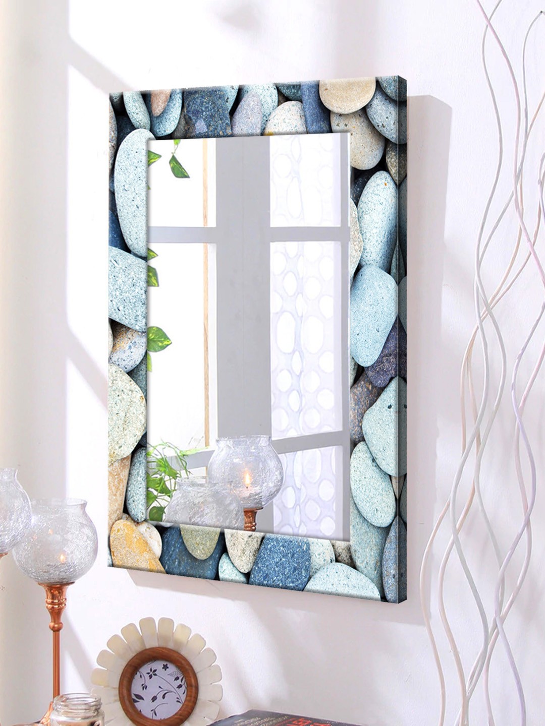 

999Store White & Blue Printed Framed Wall Mirror