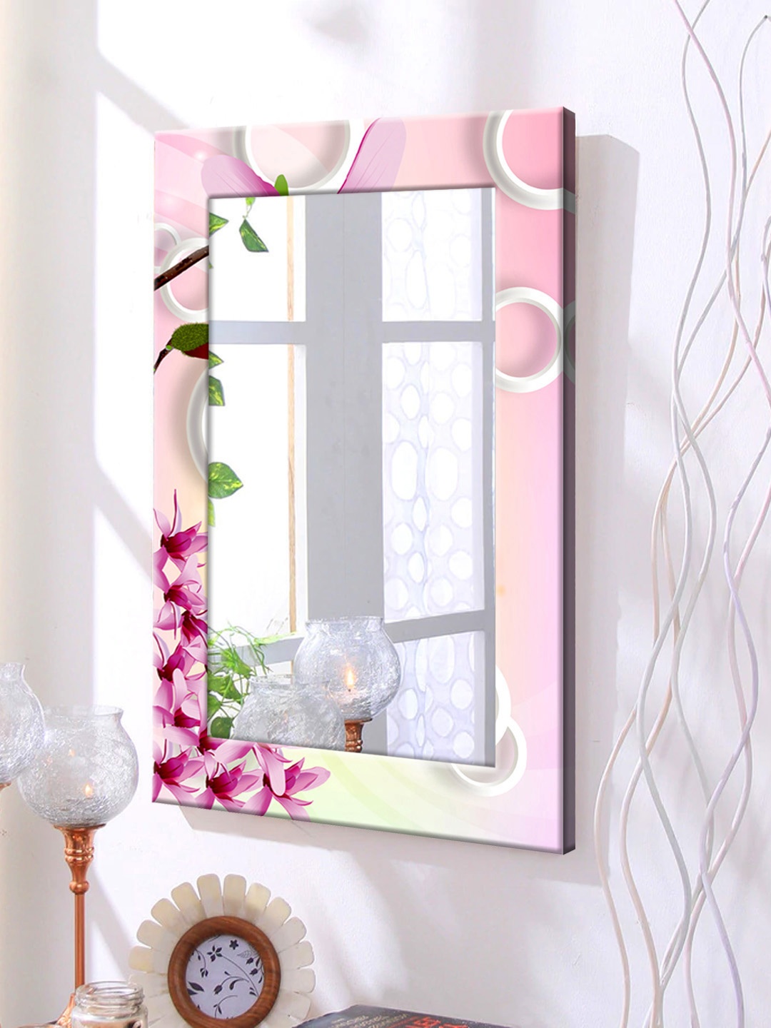 

999Store Pink Printed Framed Wall Mirror
