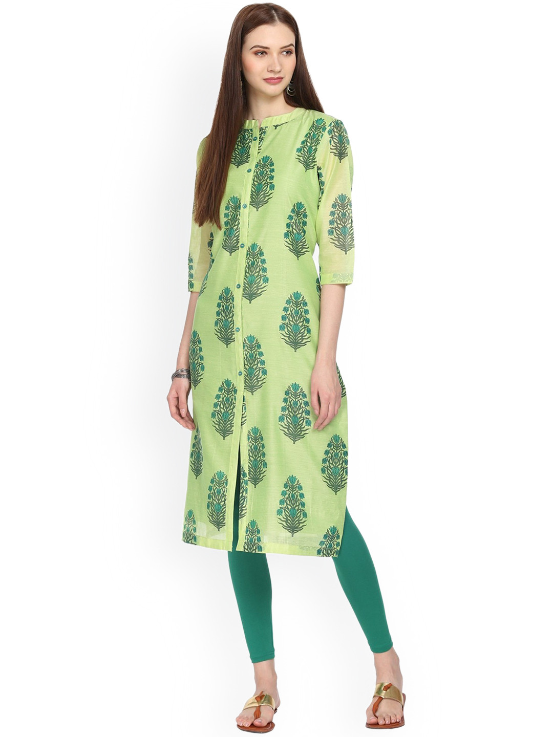 

Alena Women Lime Green Block Print Straight Kurta