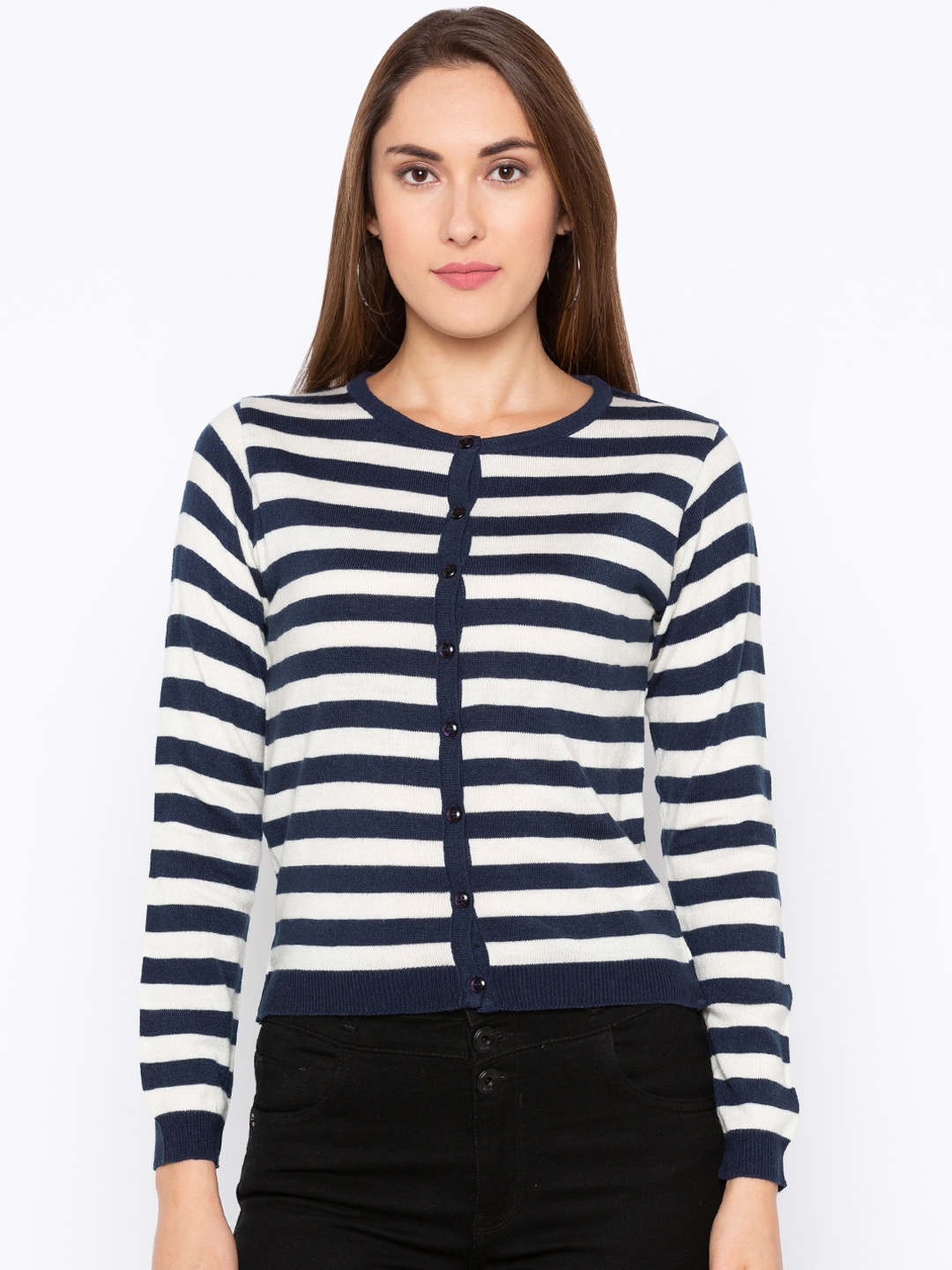 

Globus Navy Blue & White Striped Open Front Shrug
