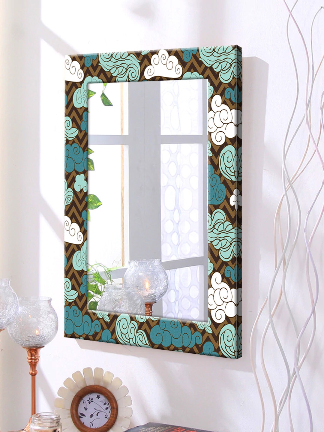 

999Store Blue Printed Framed Wall Mirror