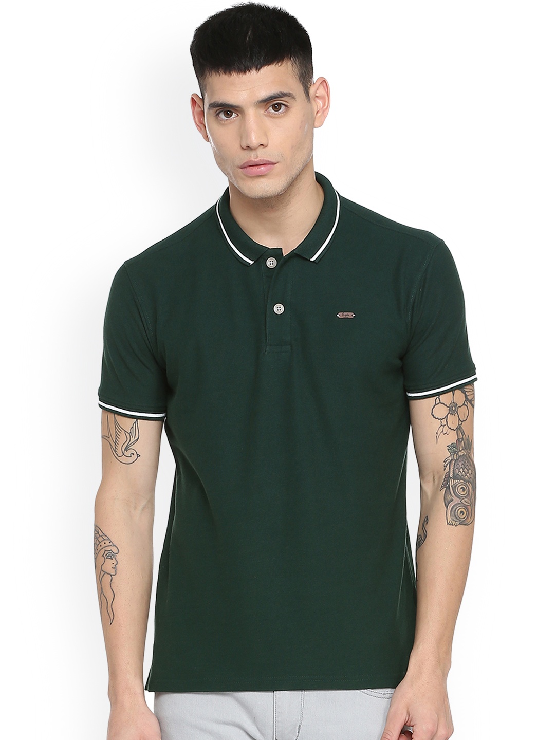 

People Men Green Solid Polo Collar T-shirt